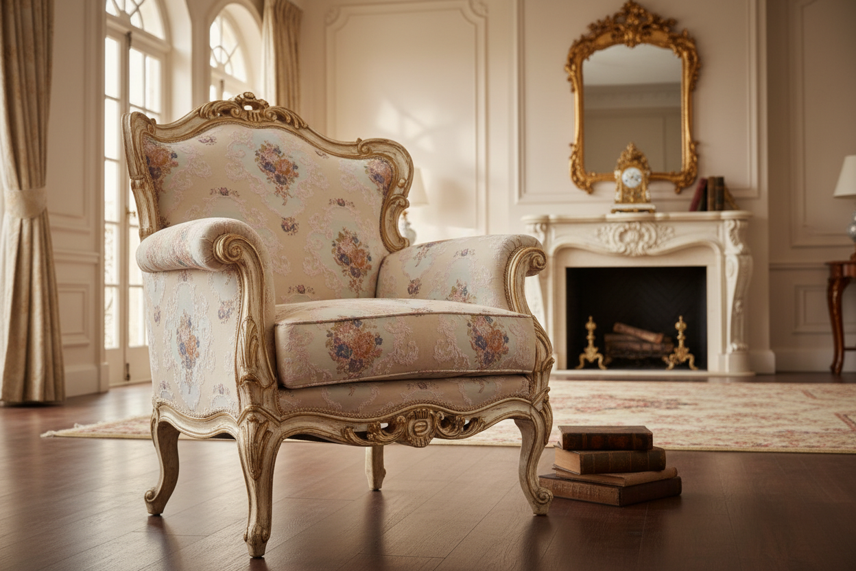 Decorative floral and damask pattern on a Beige background upholstered on an arm chair