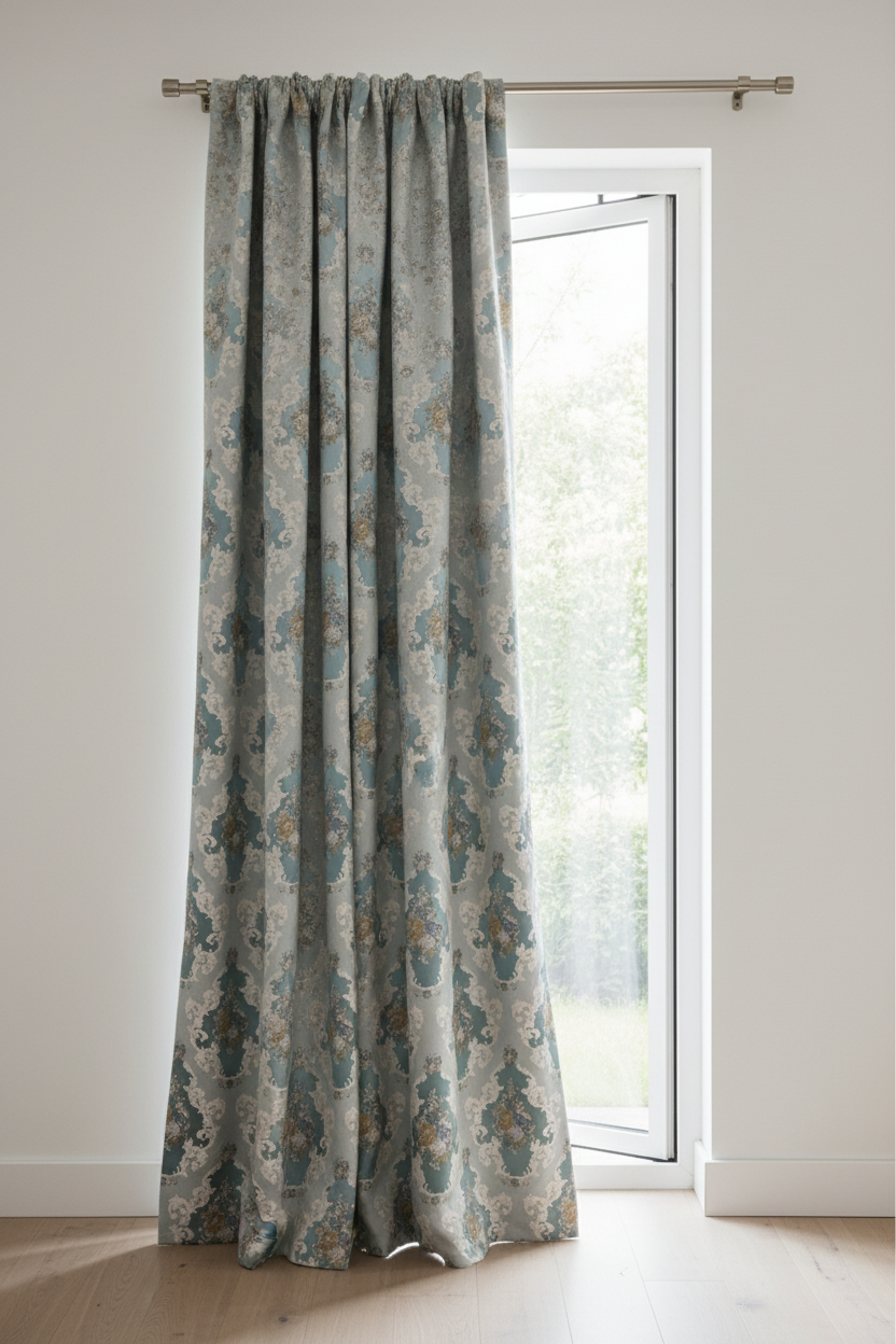 Decorative floral and leaf pattern on a Teal Blue background