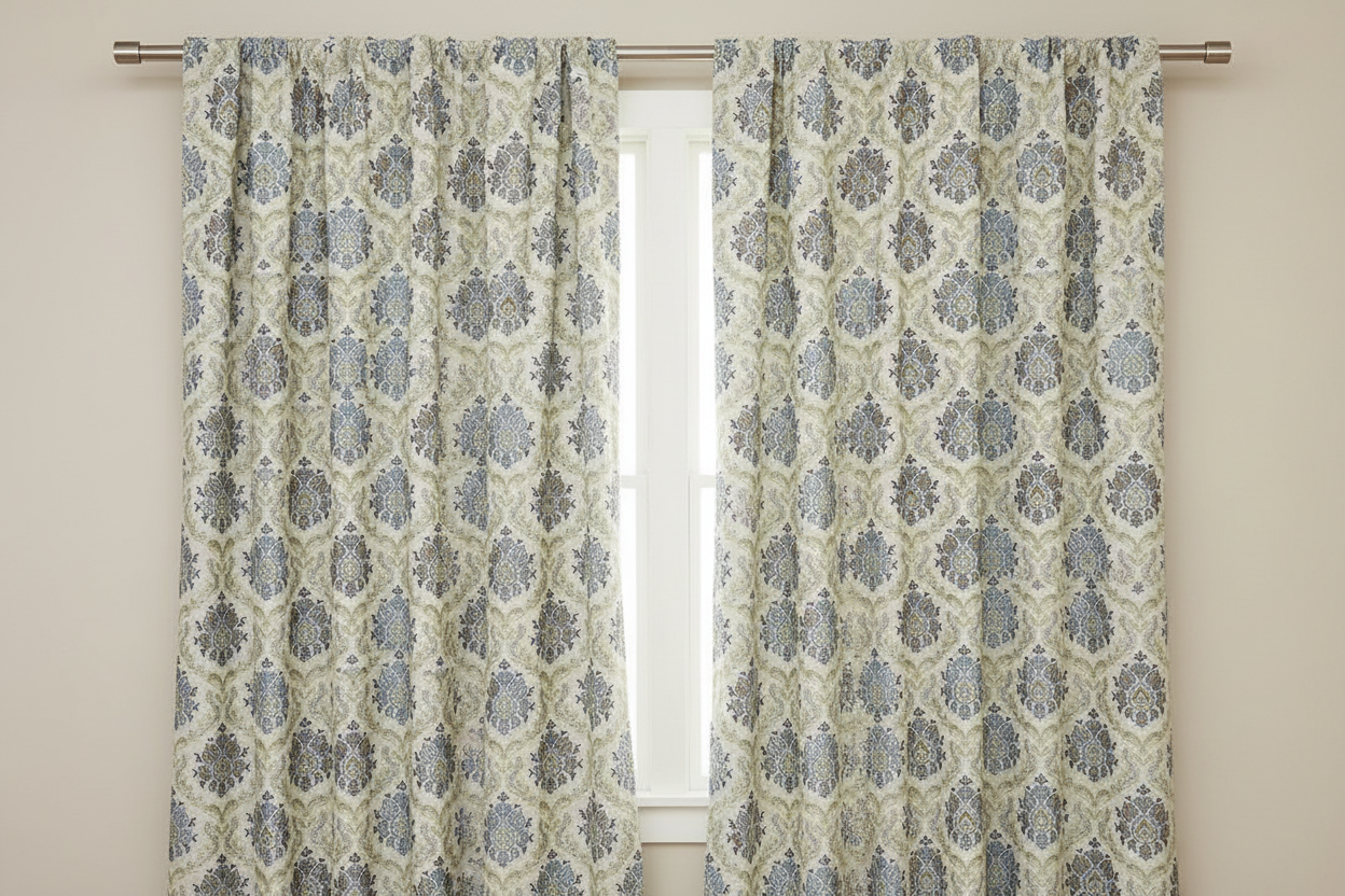 Decorative fabric with intricate Blue floral pattern on a beige background in curtain panel