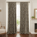 Decorative Baroque Paisley Medallion Damask Fabric with Brownish Maroon background on curtain panel