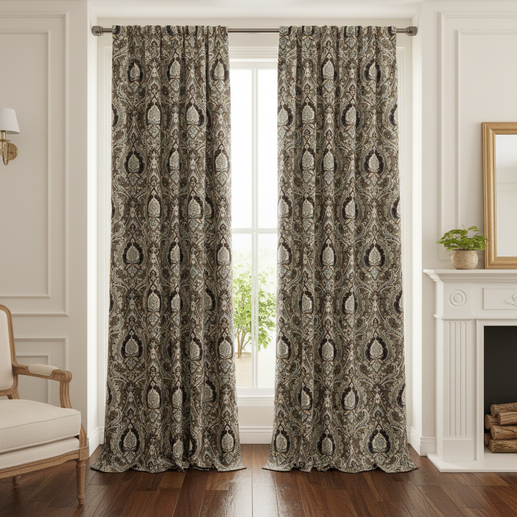 Decorative Baroque Paisley Medallion Damask Fabric with Brownish Maroon background on curtain panel