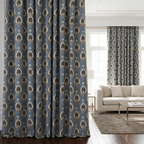 Patterned fabric with decorative Medallion Motif design on a Blue background on curtain panels
