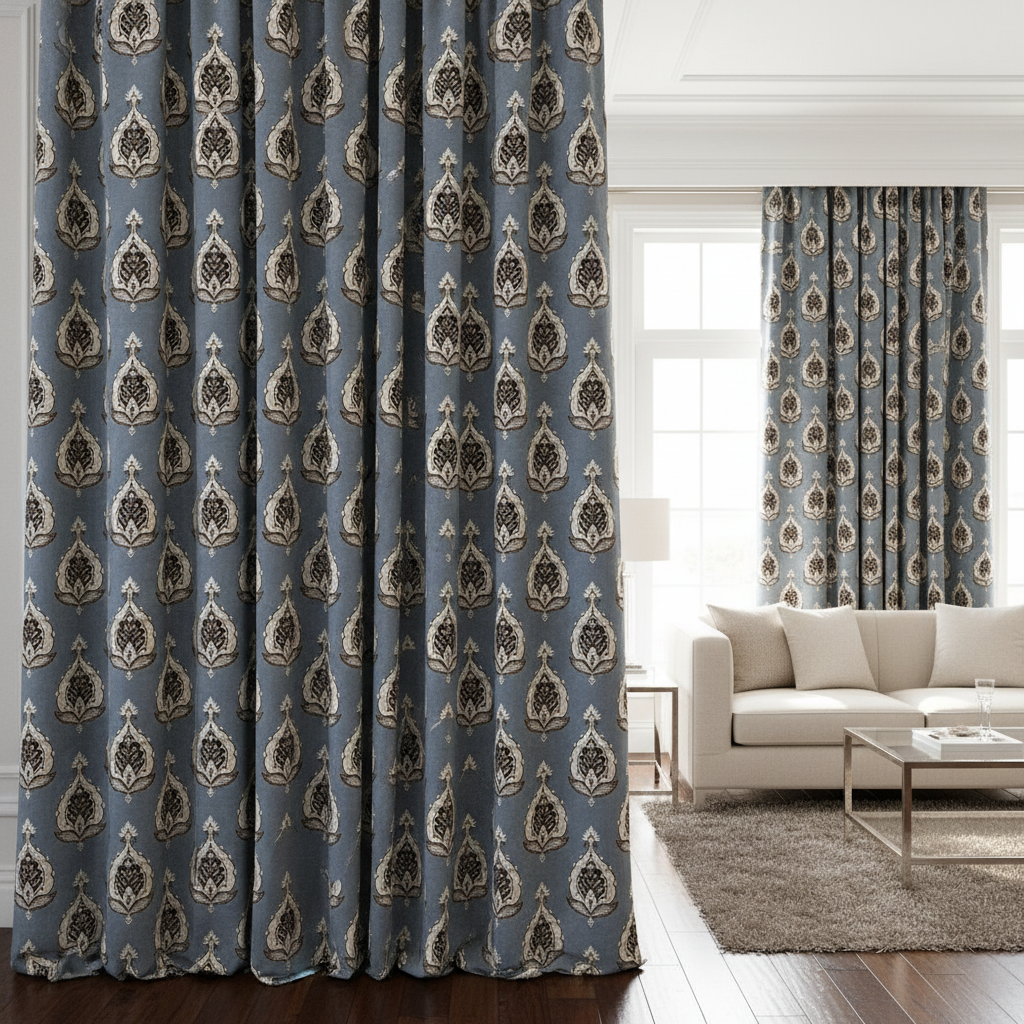 Patterned fabric with decorative Medallion Motif design on a Blue background on curtain panels