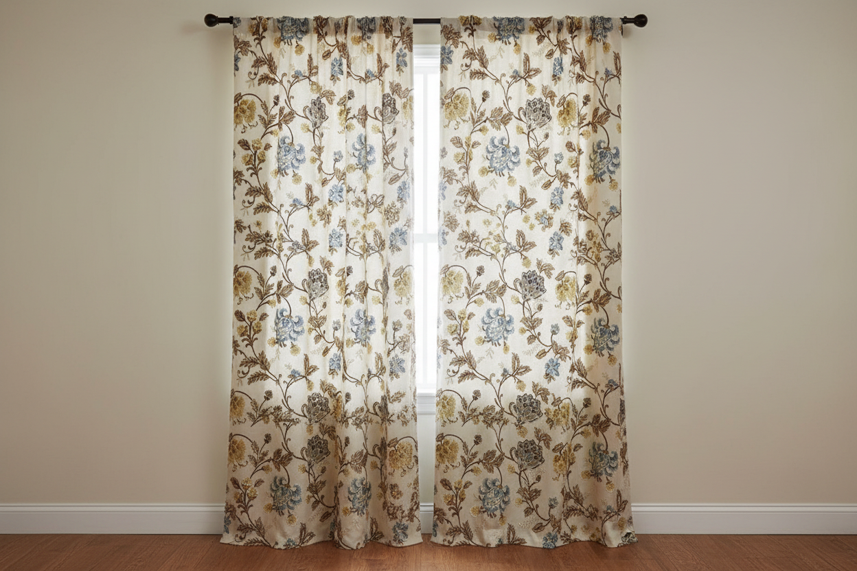 Embroidered Blue floral pattern on fabric on curtain panel