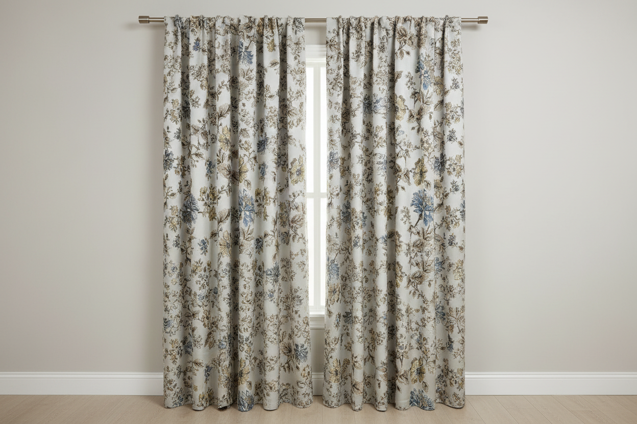 Floral pattern with Blue and brown flowers on a light background on curtain panel