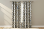 Decorative floral and damask baroque pattern with Blue and yellow flowers on a beige background on curtain panels
