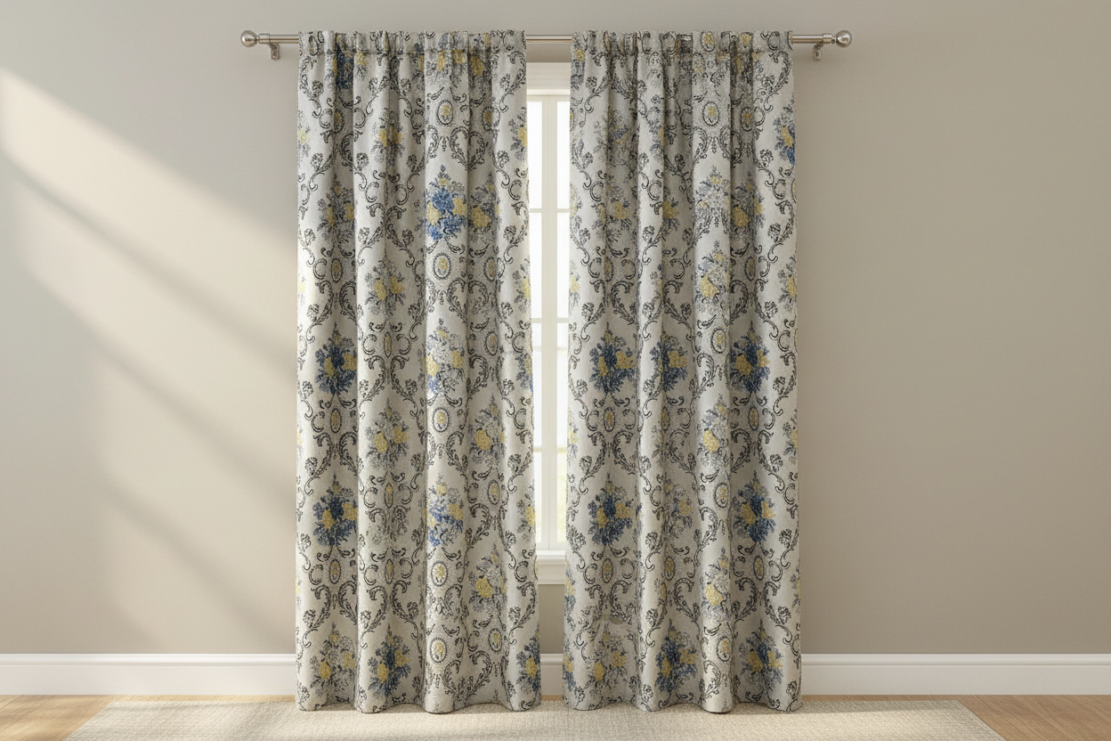 Decorative floral and damask baroque pattern with Blue and yellow flowers on a beige background on curtain panels