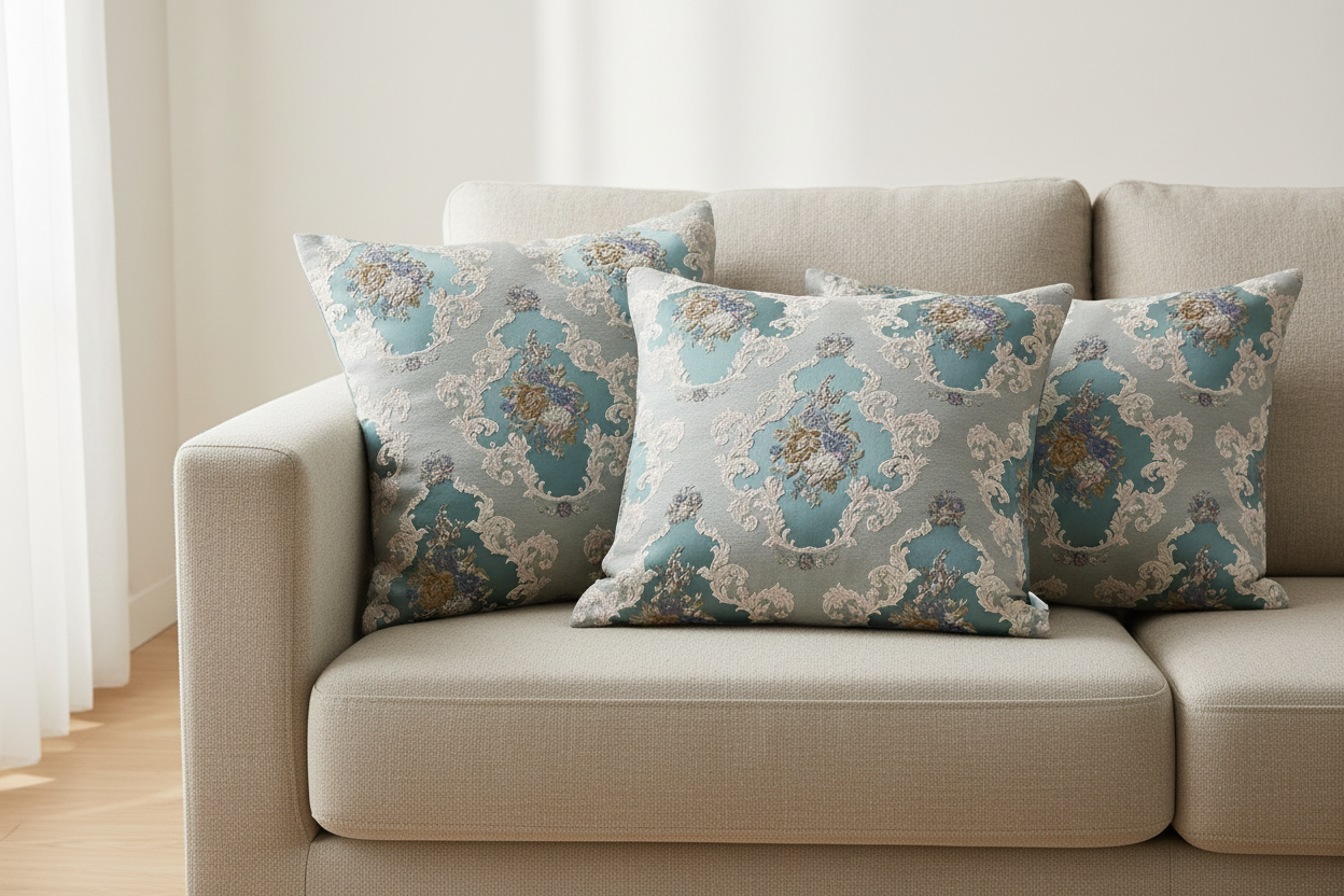 Decorative floral and leaf pattern on a Teal Blue background