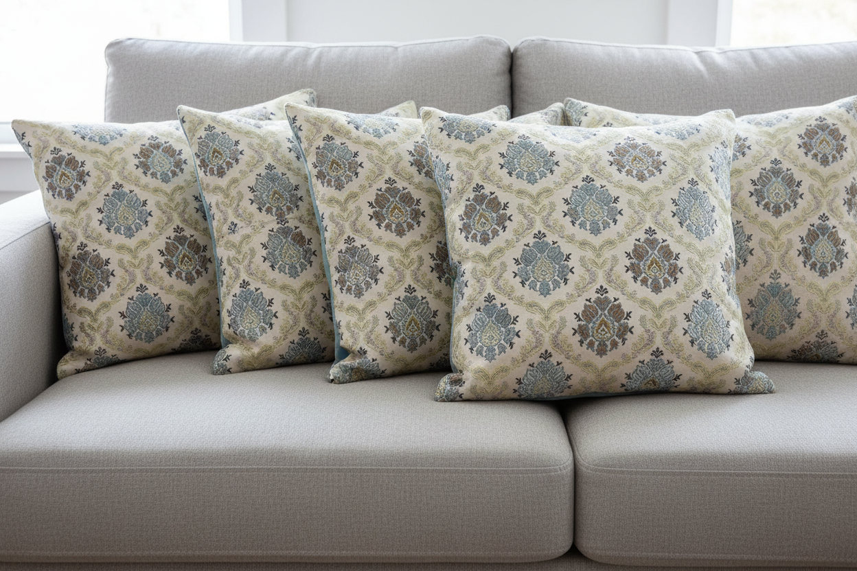 Decorative fabric with intricate Blue floral pattern on a beige background in cushion covers