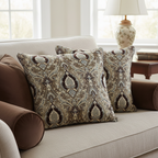 Decorative Baroque Paisley Medallion Damask Fabric with Brownish Maroon background on cushion covers