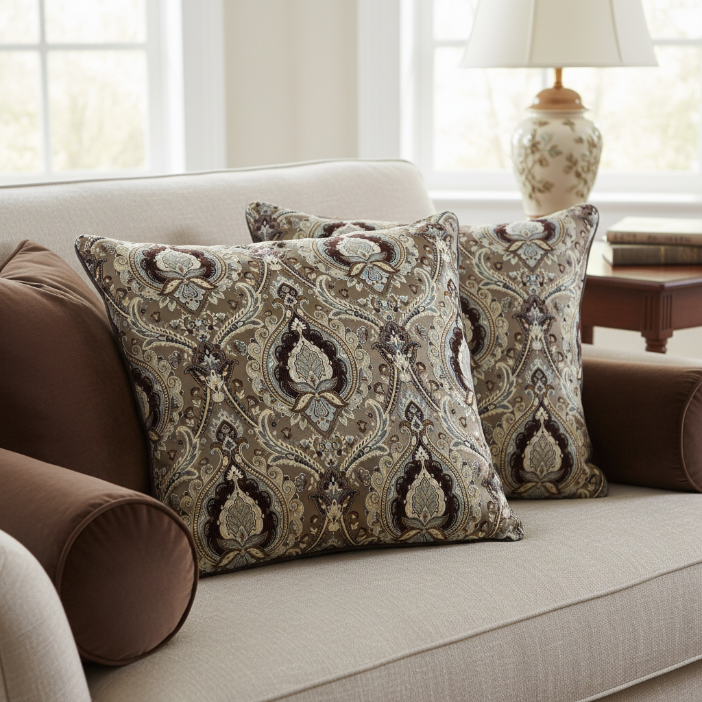 Decorative Baroque Paisley Medallion Damask Fabric with Brownish Maroon background on cushion covers