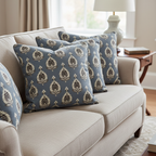 Patterned fabric with decorative Medallion Motif design on a Blue background on cushion covers