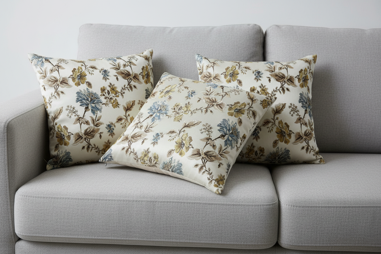Floral pattern with Blue and brown flowers on a light background on cushion cover