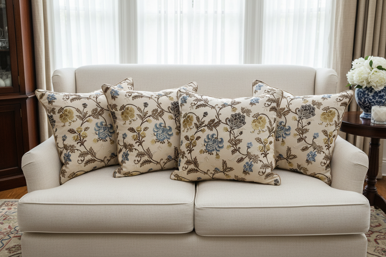 Embroidered Blue floral pattern on fabric on cushion covers