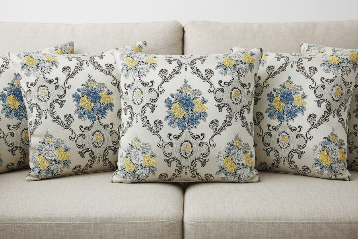 Decorative floral and damask baroque pattern with Blue and yellow flowers on a beige background on cushion covers