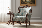 Decorative floral and leaf pattern on a Teal Blue background