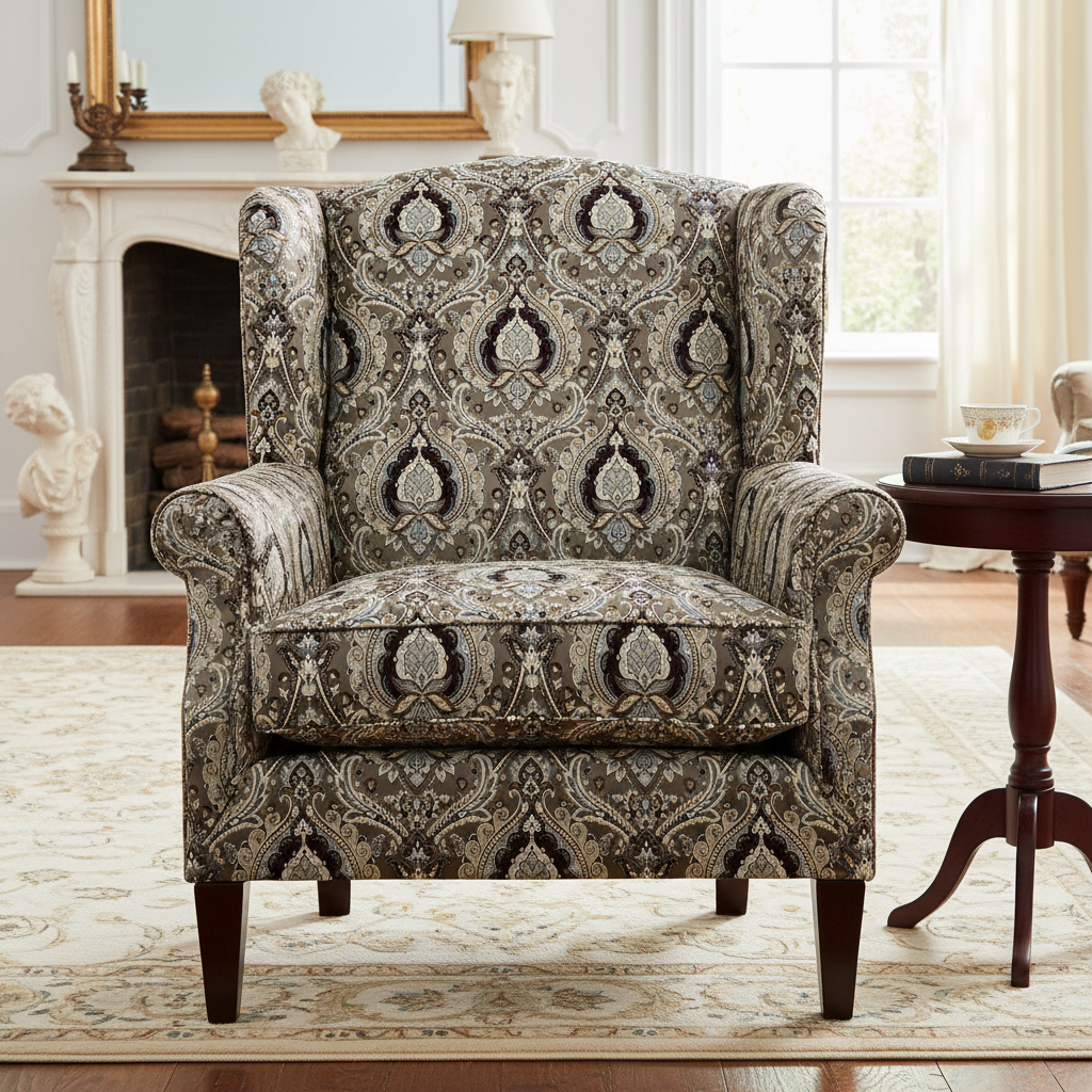Decorative Baroque Paisley Medallion Damask Fabric with Brownish Maroon background on furniture