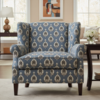 Patterned fabric with decorative Medallion Motif design on a Blue background on furniture
