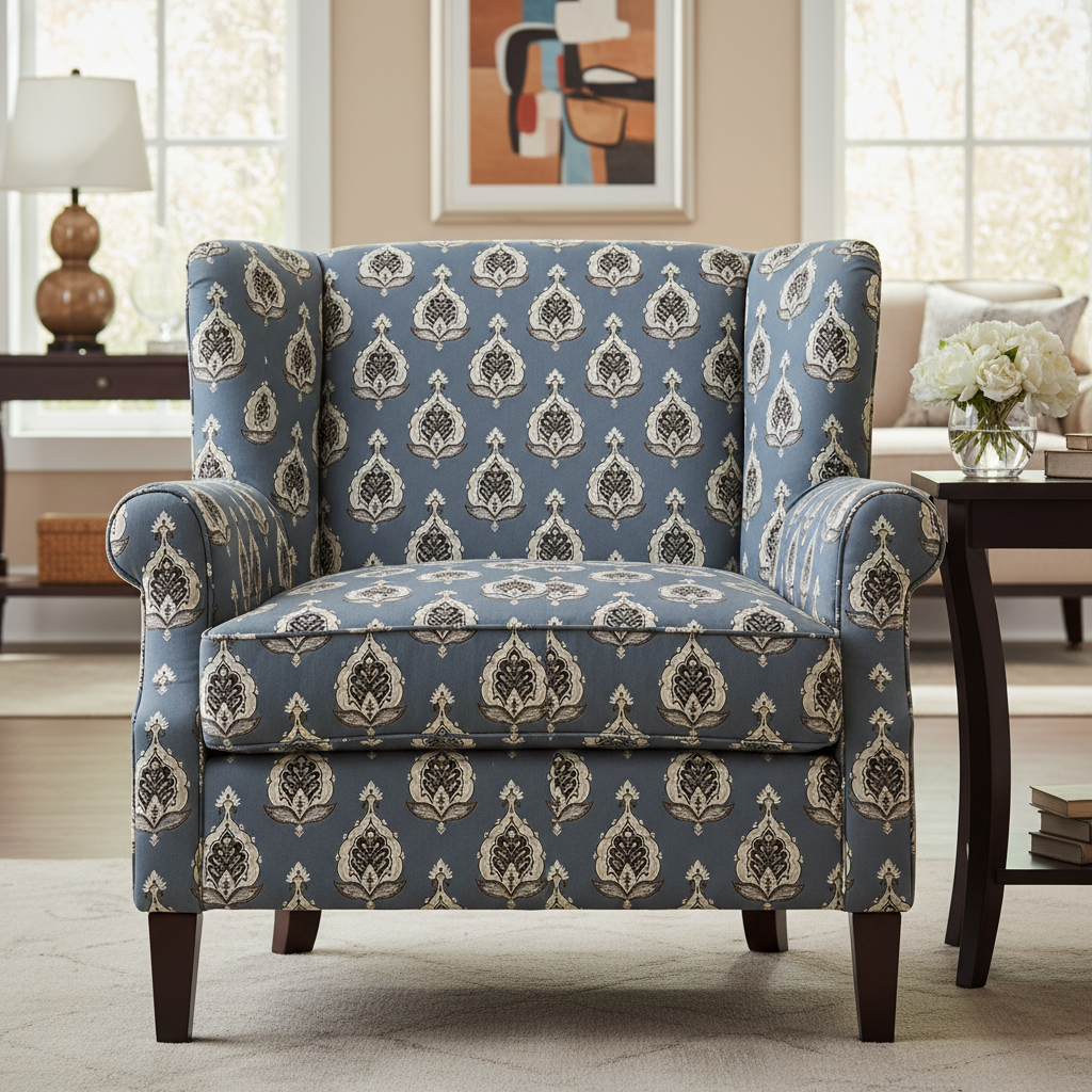Patterned fabric with decorative Medallion Motif design on a Blue background on furniture