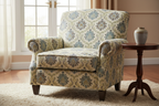 Decorative fabric with intricate Blue floral pattern on a beige background on furniture