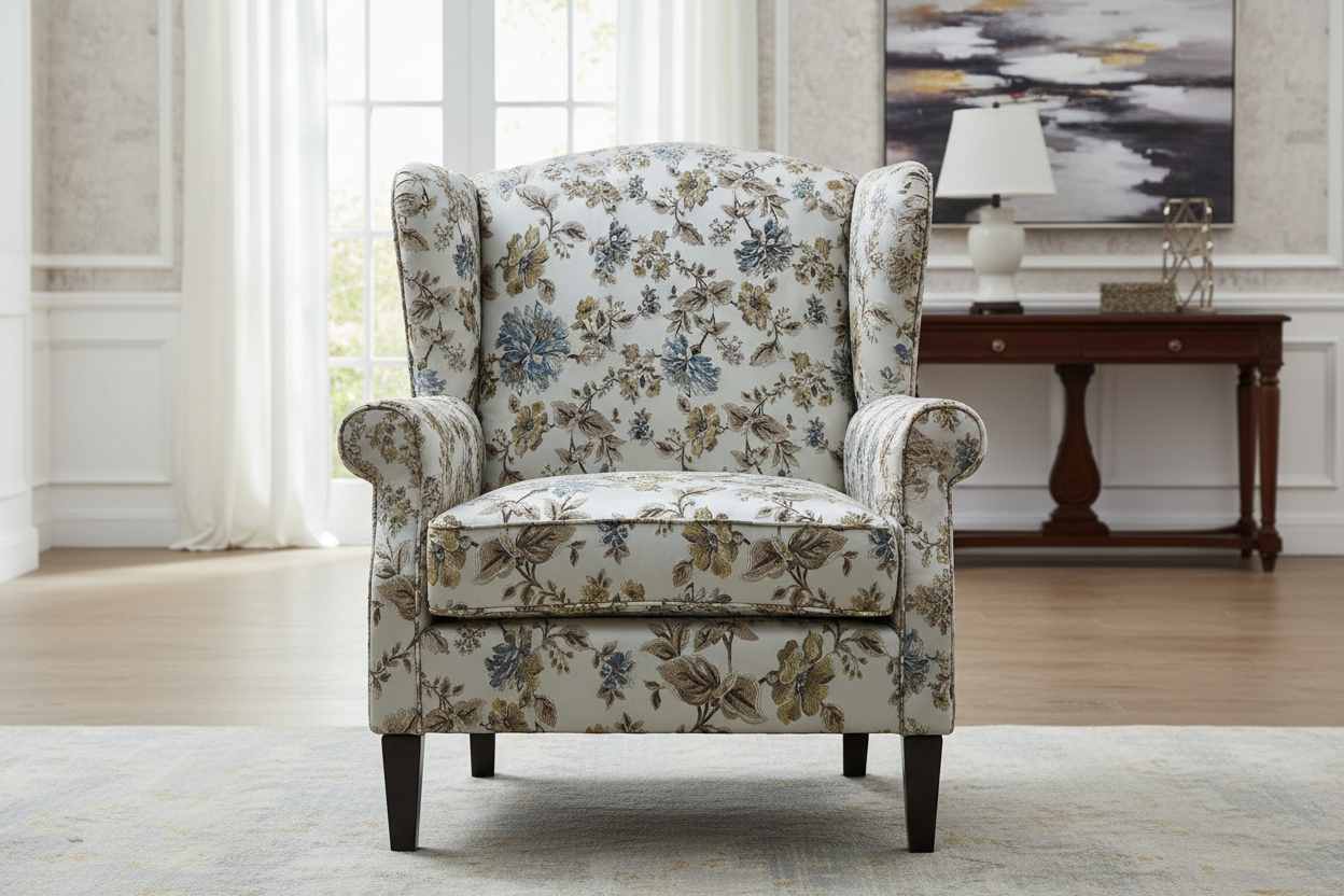 Floral pattern with Blue and brown flowers on a light background on furniture