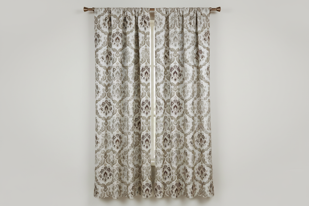 Decorative fabric with intricate Brown floral pattern on curtain panels