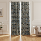 Decorative Baroque Paisley Medallion Damask Fabric with Blue background on curtain panel
