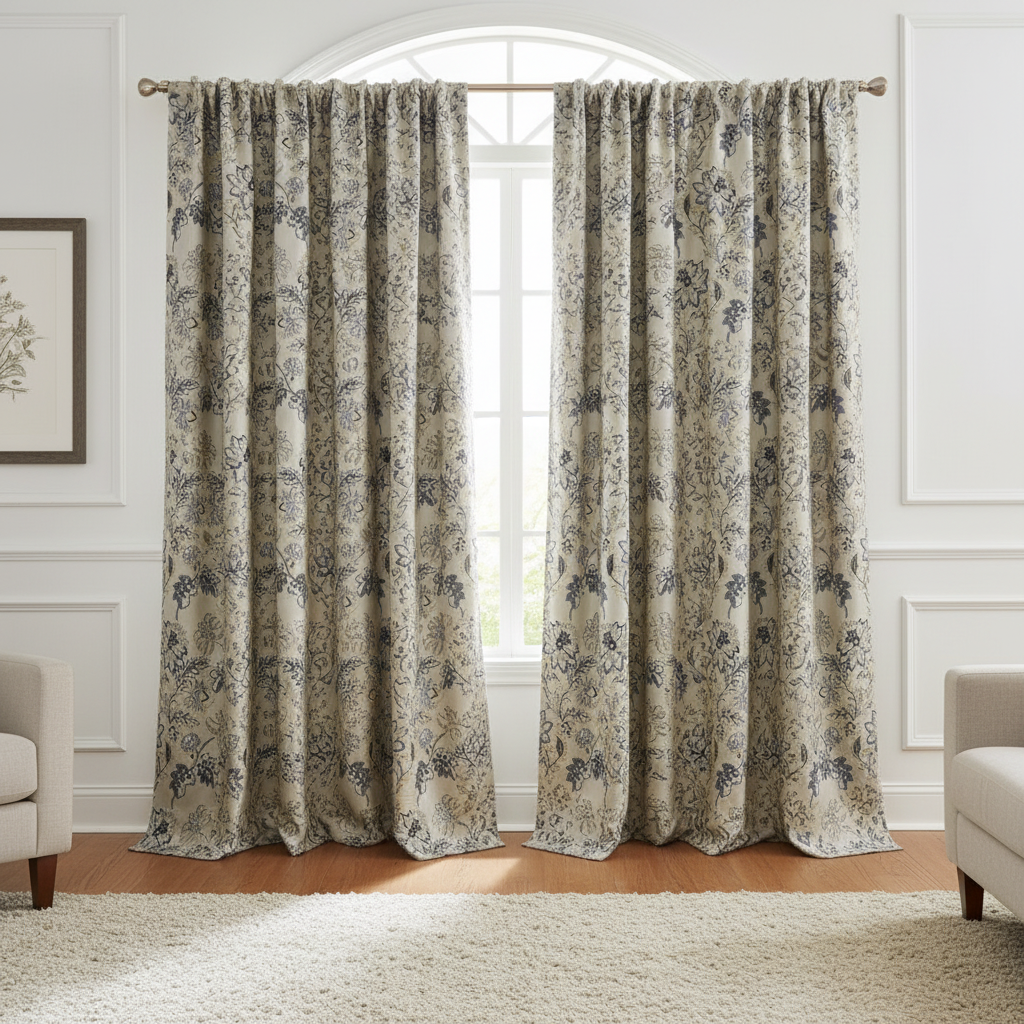 Floral embroidery pattern on jacquard fabric Gray Color on Curtain panel