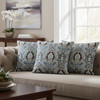 Decorative Baroque Paisley Medallion Damask Fabric with Blue background on cushion covers