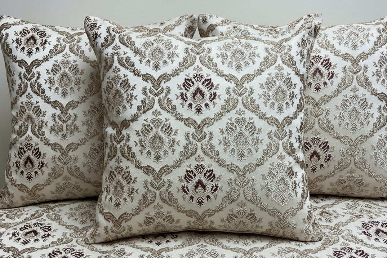 Decorative fabric with intricate Brown floral pattern on cushion covers