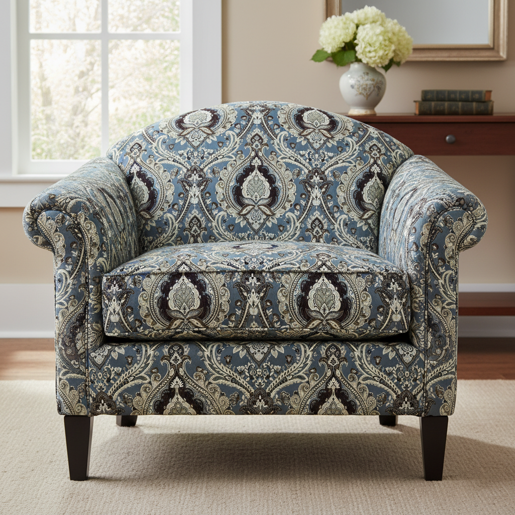 Decorative Baroque Paisley Medallion Damask Fabric with Blue background on furniture