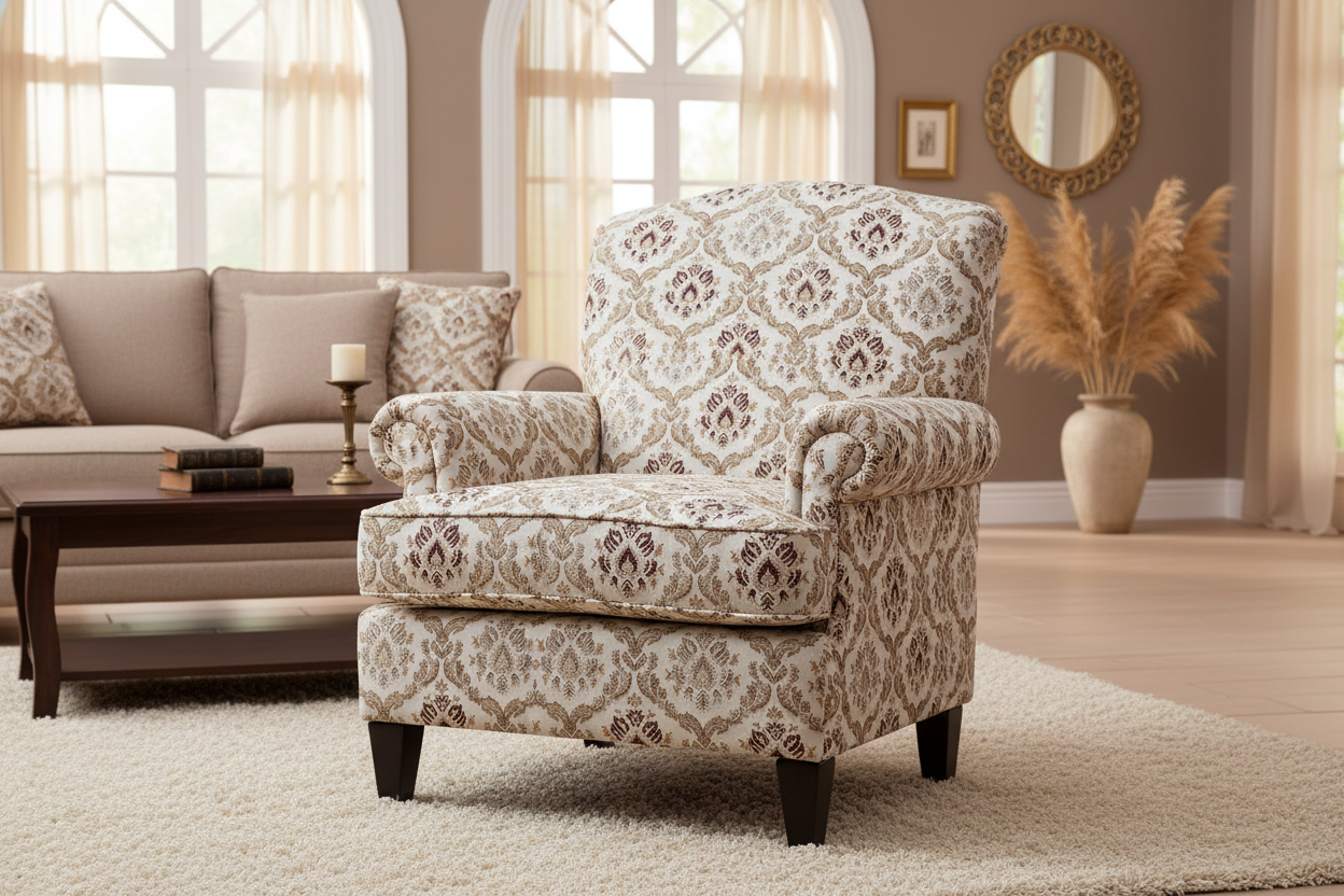 Decorative fabric with intricate Brown floral pattern on a beige background in furniture