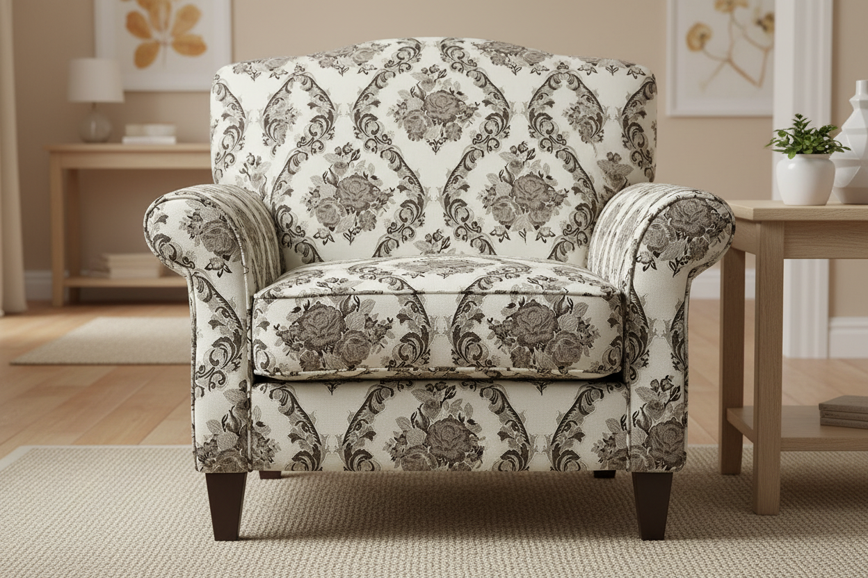 Decorative floral and baroque damask pattern on a beige background with Brown design on furniture