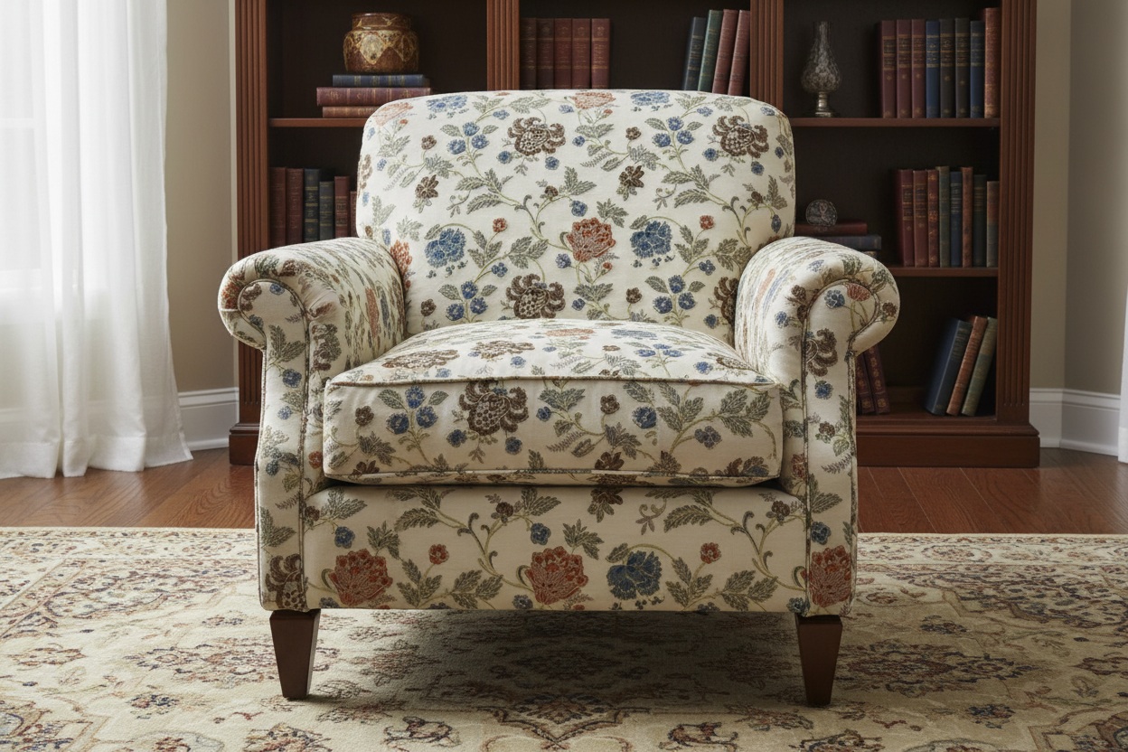 Embroidered Brown floral pattern on fabric on furniture