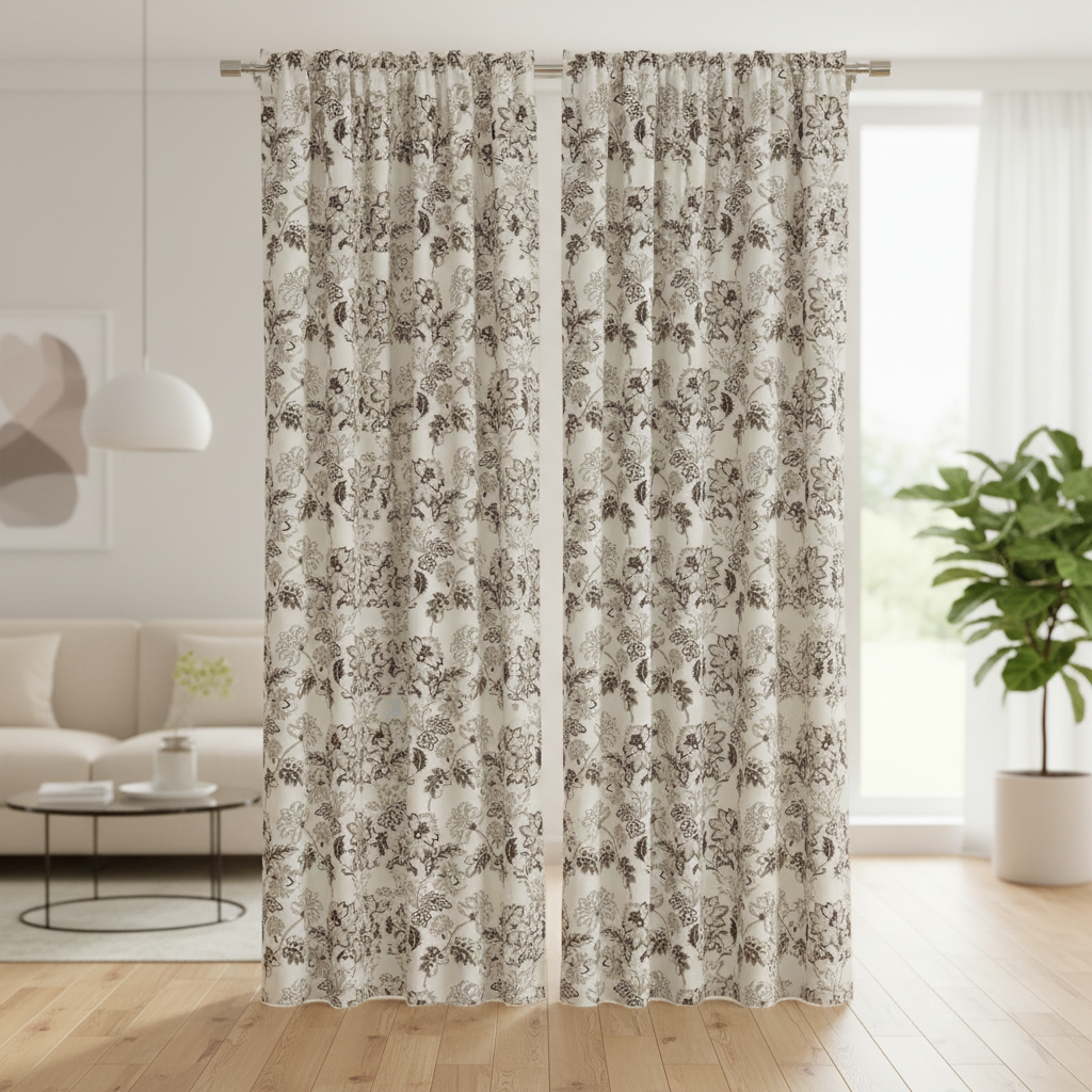 Floral embroidery pattern on jacquard fabric Brown Color on curtain panels
