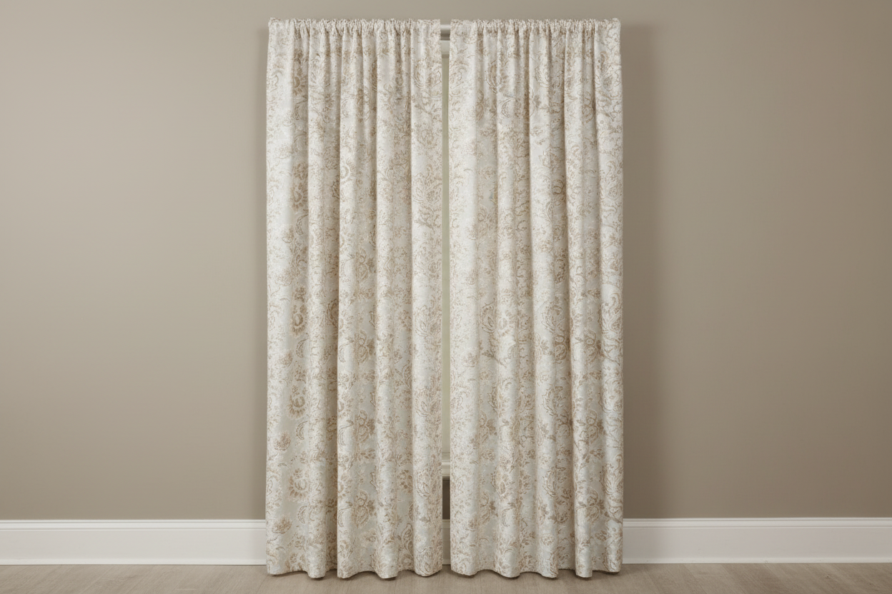 Patterned fabric with floral design in beige on a light Cream on a curtain panel