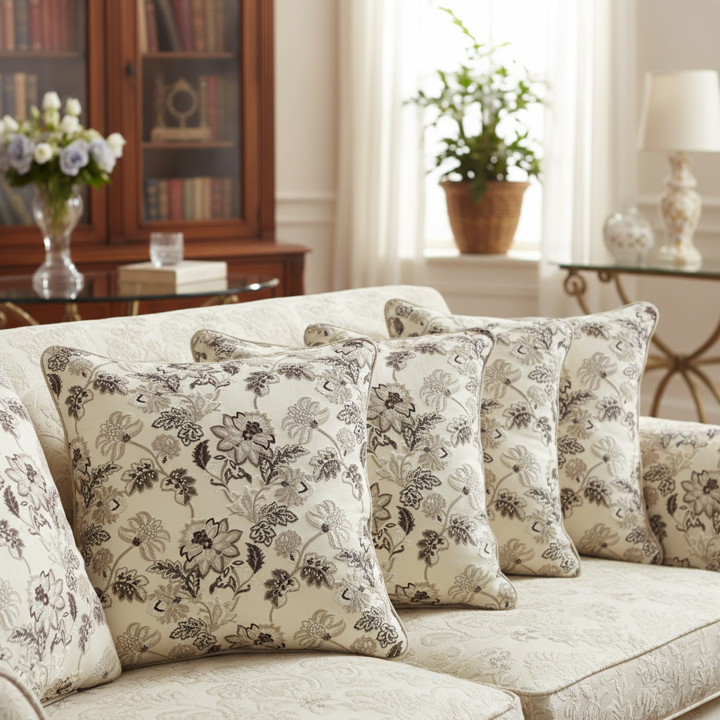 Floral embroidery pattern on jacquard fabric Brown Color on cushion covers