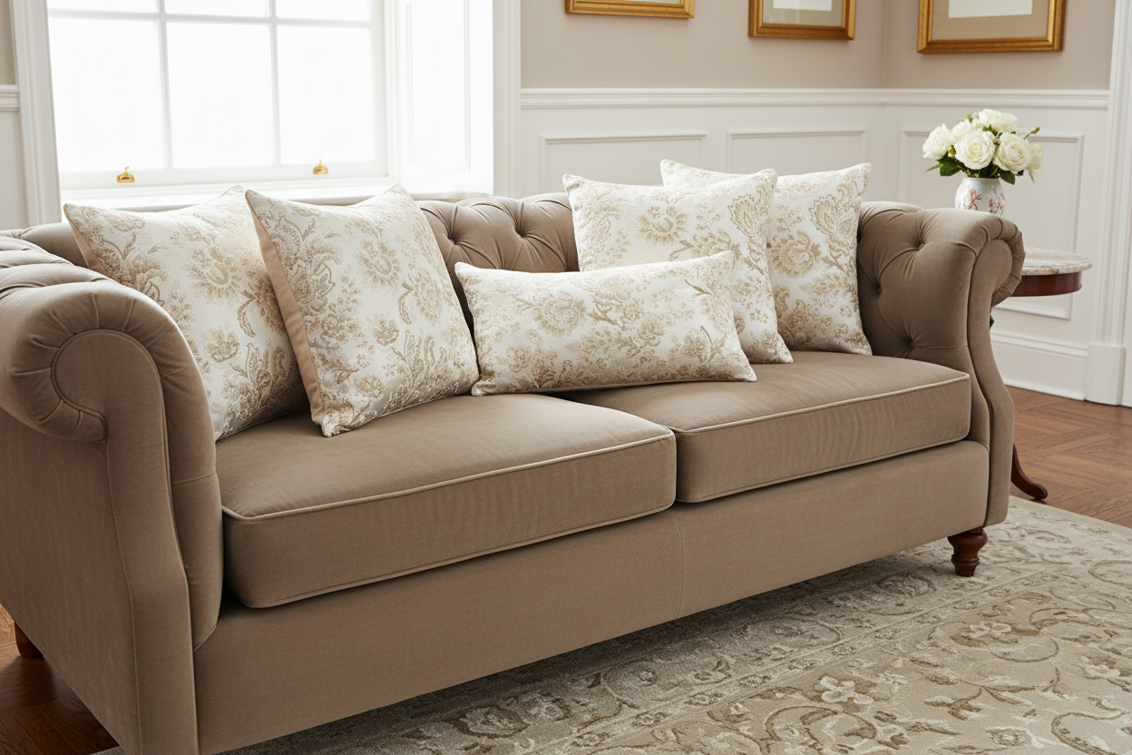 Patterned fabric with floral design in beige on a light Cream on a cushion cover