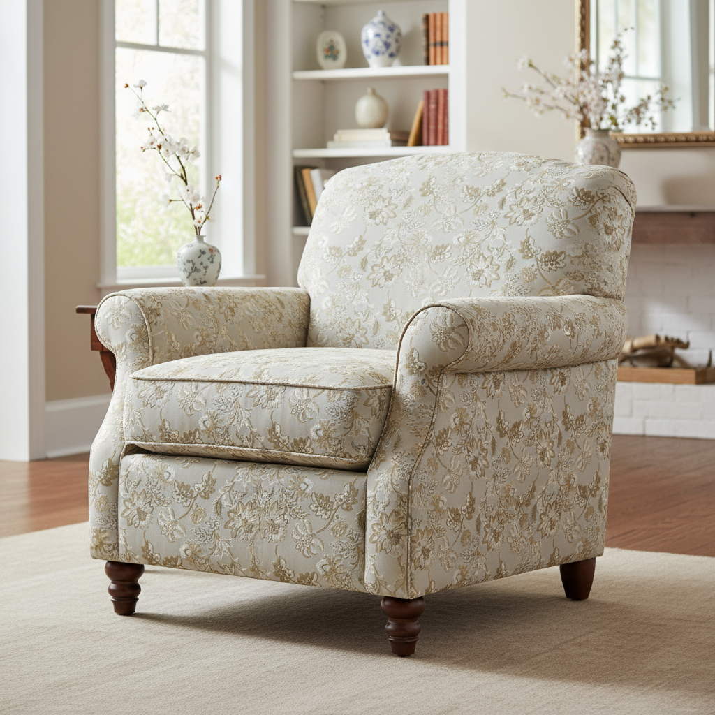 Floral embroidery pattern on jacquard fabric Cream Color on furniture
