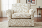 Patterned fabric with floral design in beige on a light Cream on a furniture