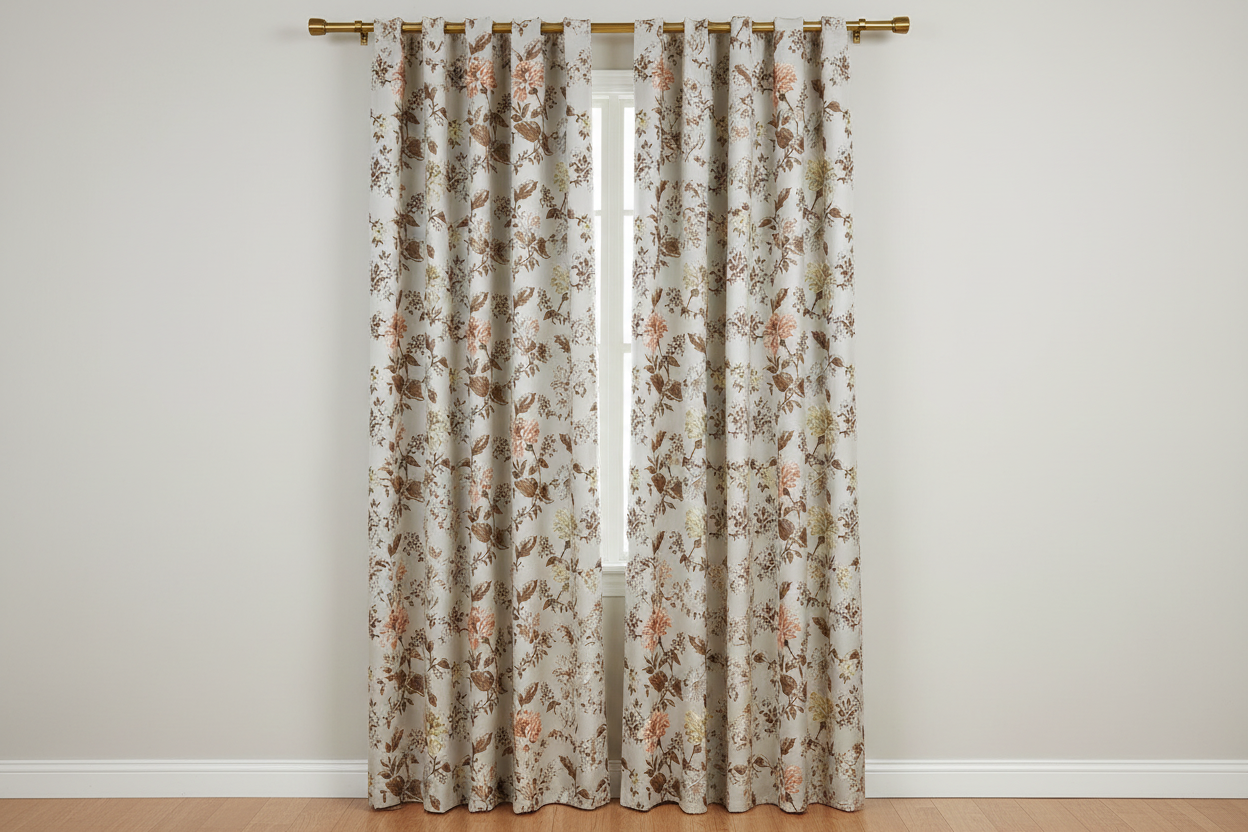 Floral pattern with Gold and brown flowers on a light background on curtian panels
