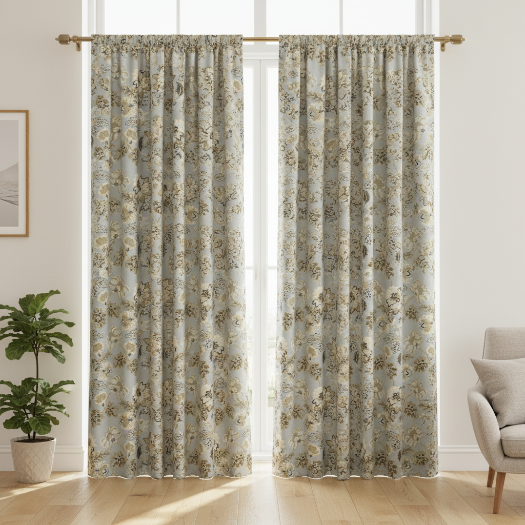 Floral embroidery pattern on jacquard fabric Gold Color on curtain panels