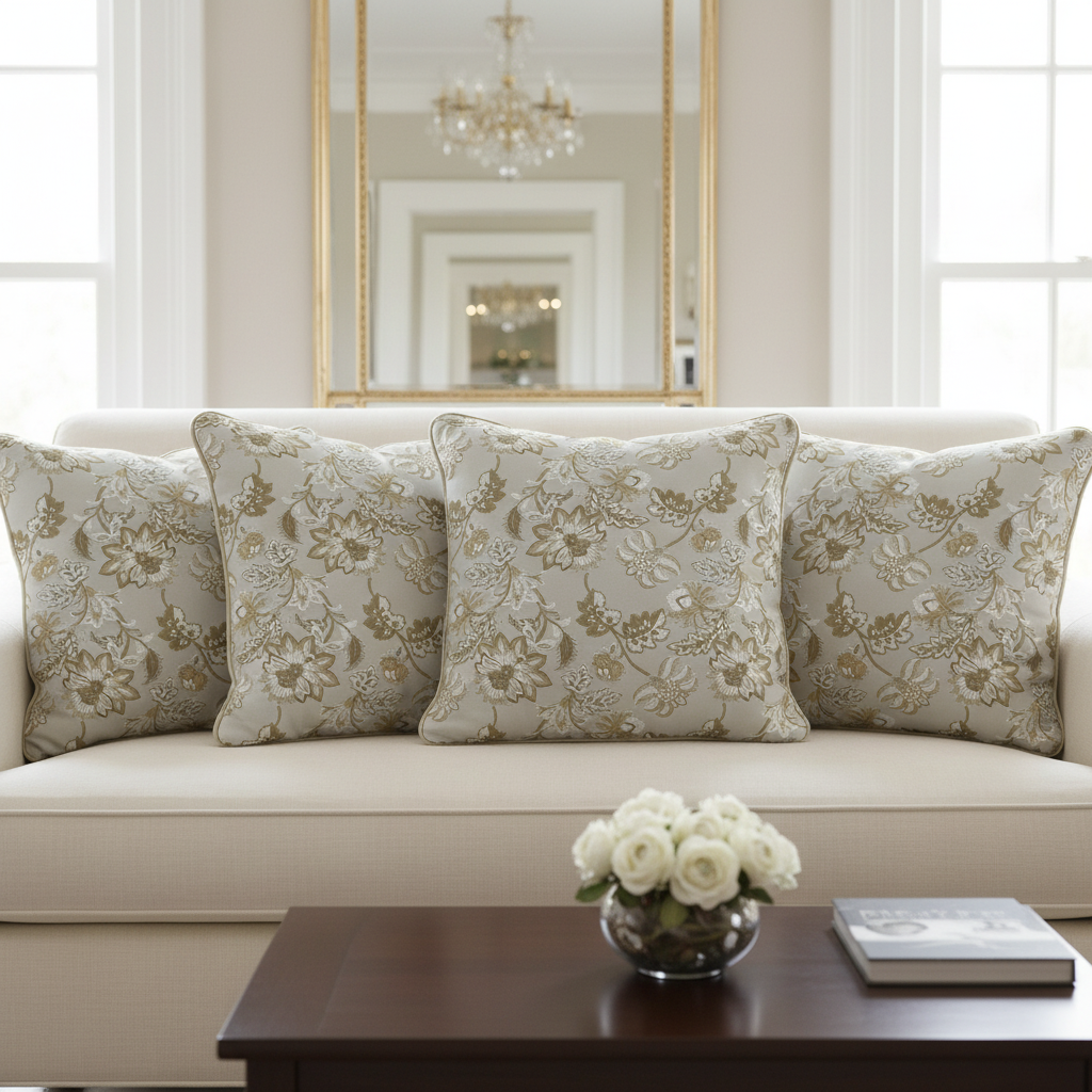 Floral embroidery pattern on jacquard fabric Cream Color on cushion cover