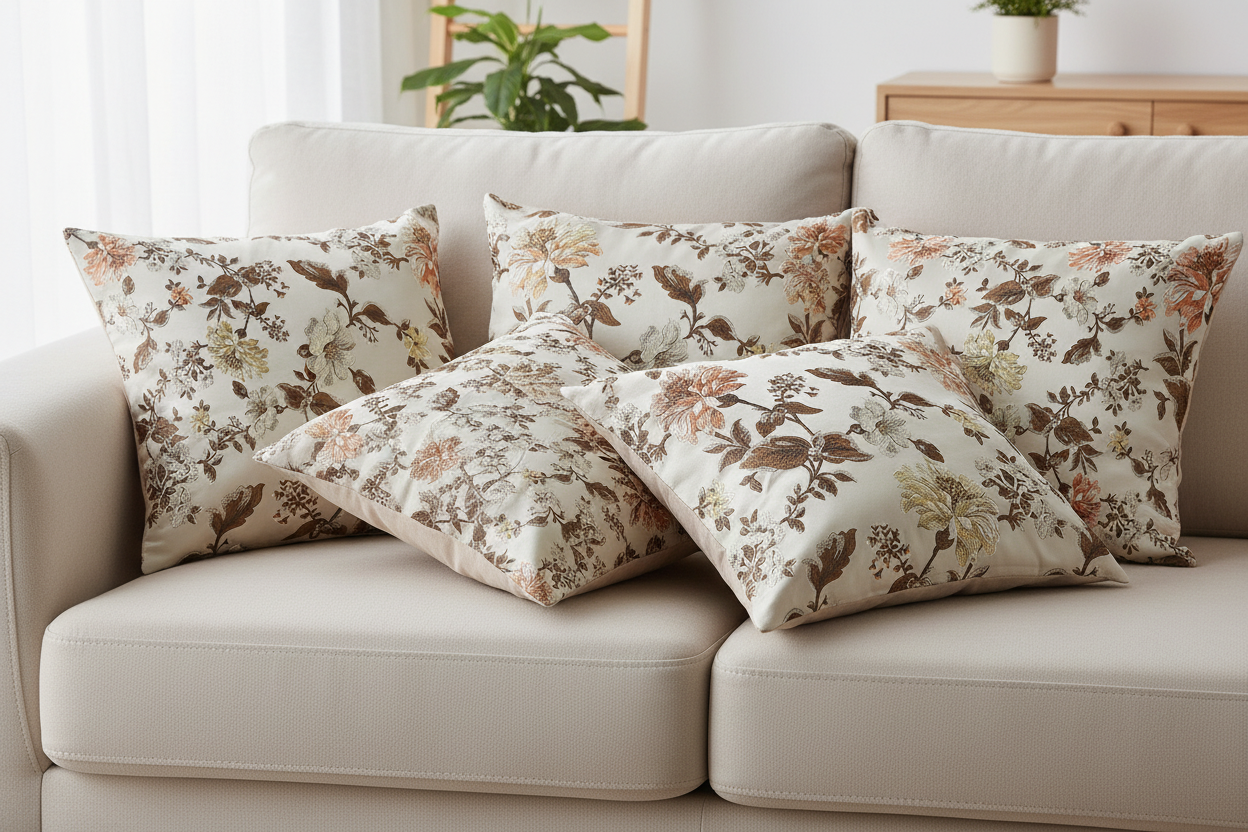 Floral pattern with Gold and brown flowers on a light background cushion covers