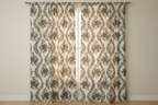 Decorative floral and baroque damask pattern on a beige background with Gray design on curtain panel