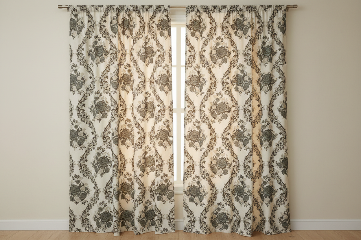 Decorative floral and baroque damask pattern on a beige background with Gray design on curtain panel