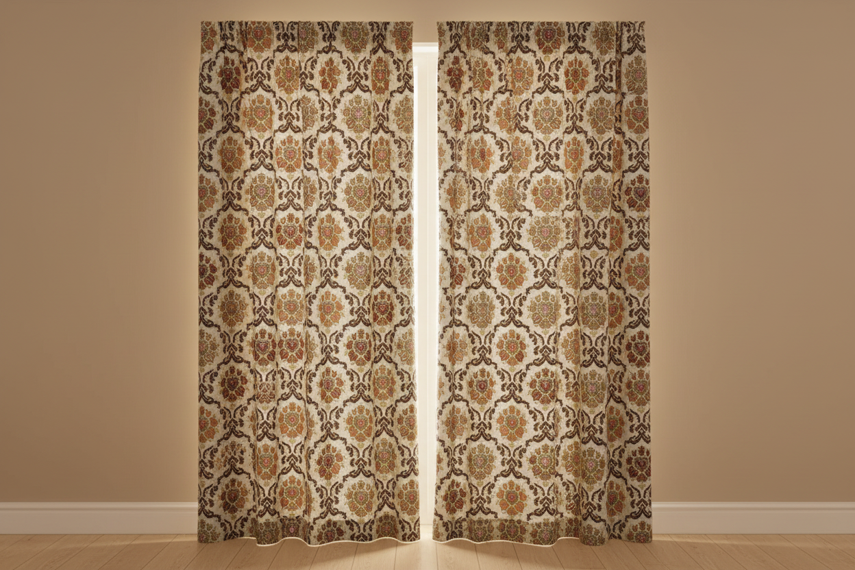 Decorative fabric with intricate Green floral pattern on a beige background on curtain panels