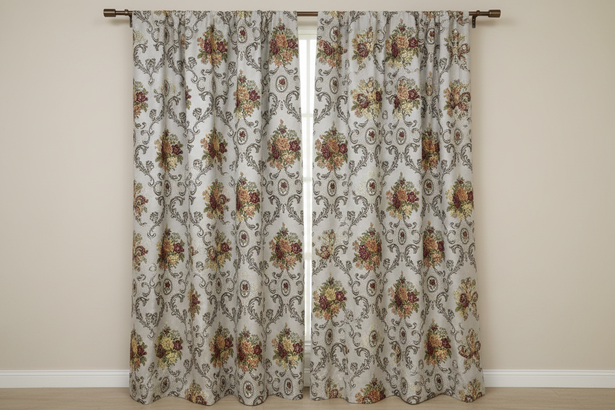 Decorative floral and damask baroque pattern with Green and yellow flowers on a beige background on a curtain panels