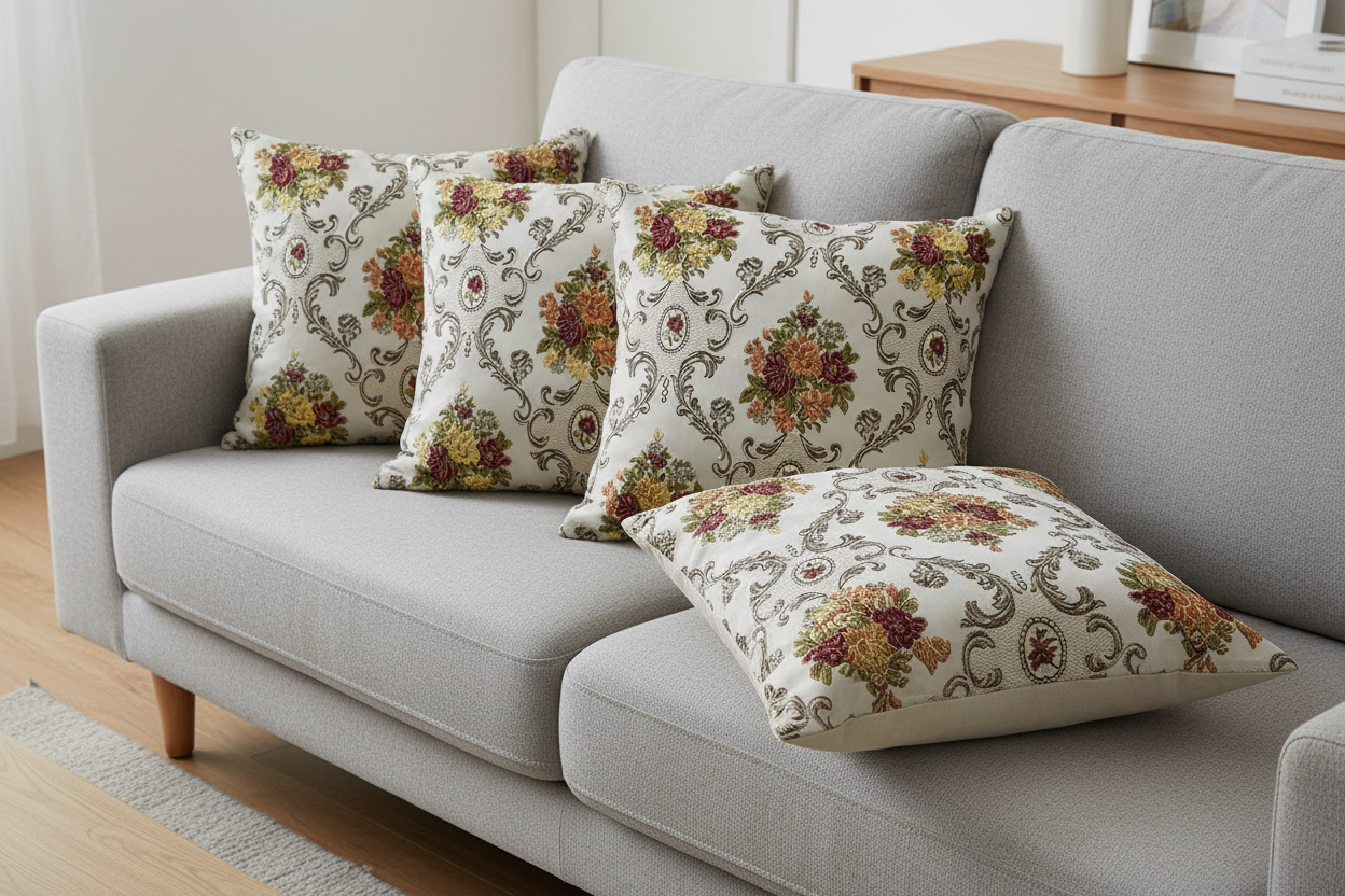 Decorative floral and damask baroque pattern with Green and yellow flowers on a beige background on cushion covers
