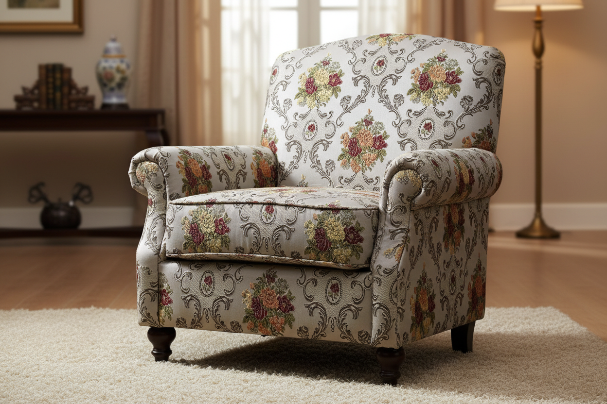 Decorative floral and damask baroque pattern with Green and yellow flowers on a beige background on a Furniture
